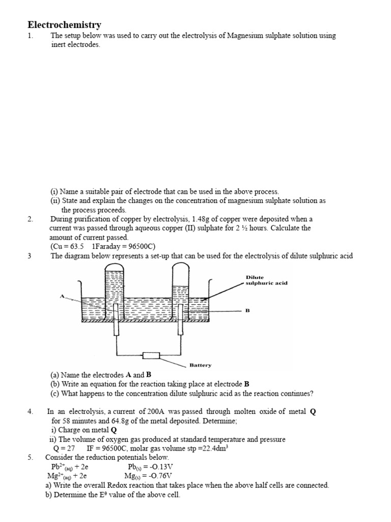 Electrochemistry Questions and Answers | PDF | Redox | Electrochemistry