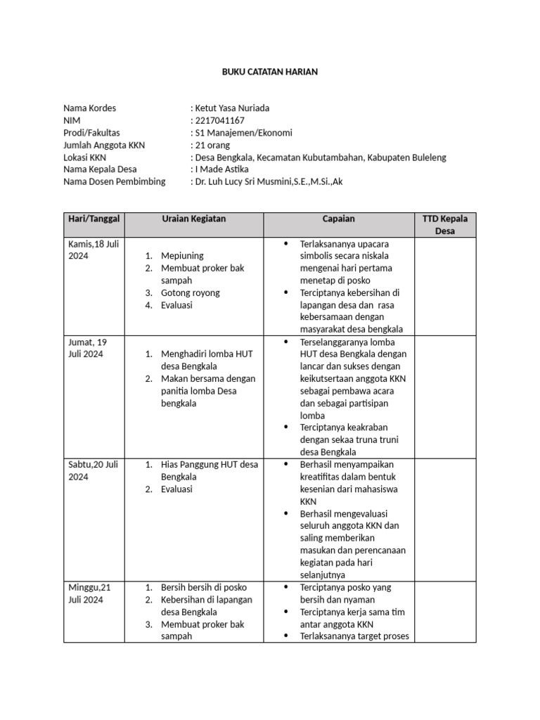 Kegiatan KKN di Desa Bengkala 2024 | PDF