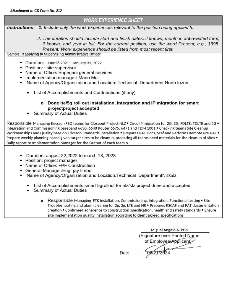 Work Experience Sheet for Miguel Prio | PDF | Computing | Computer ...