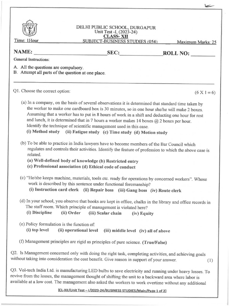 Class 12 Unit Test 1 Business Studies 2023-24 | PDF