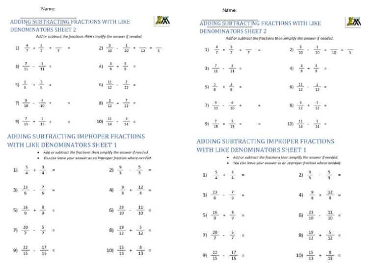 Add and Subtract Fraction Worksheet PDF