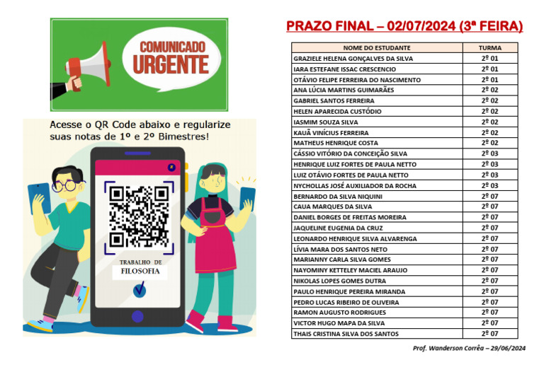 Lista de Alunos e Prazo Final 2024 | PDF