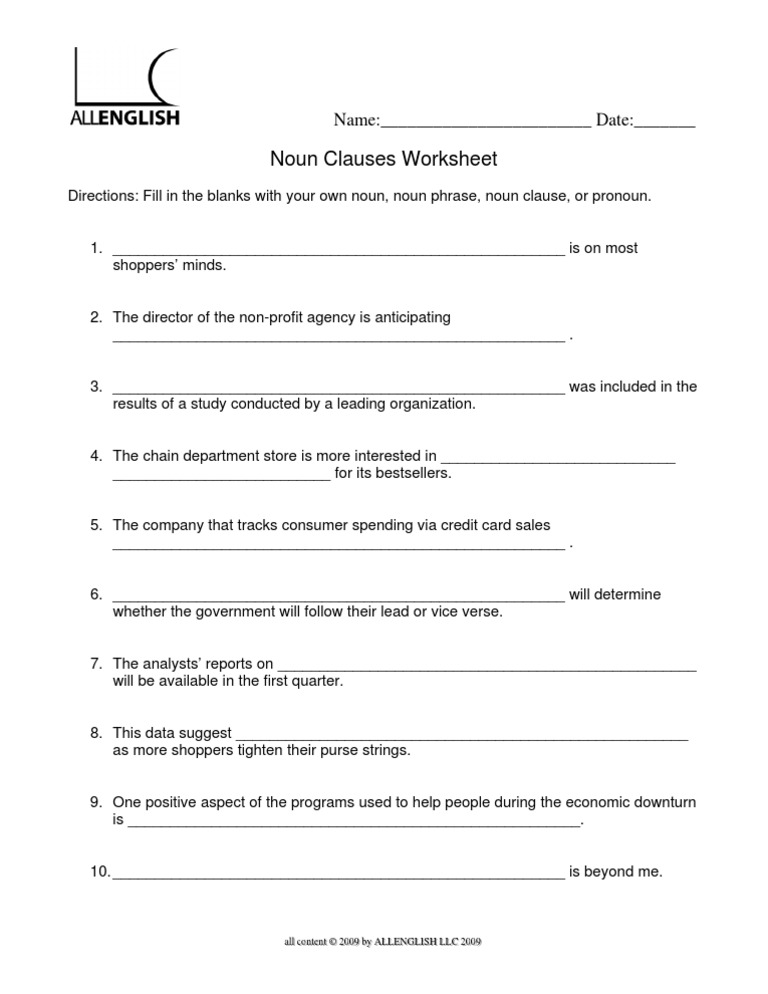 The Noun Clause Worksheet