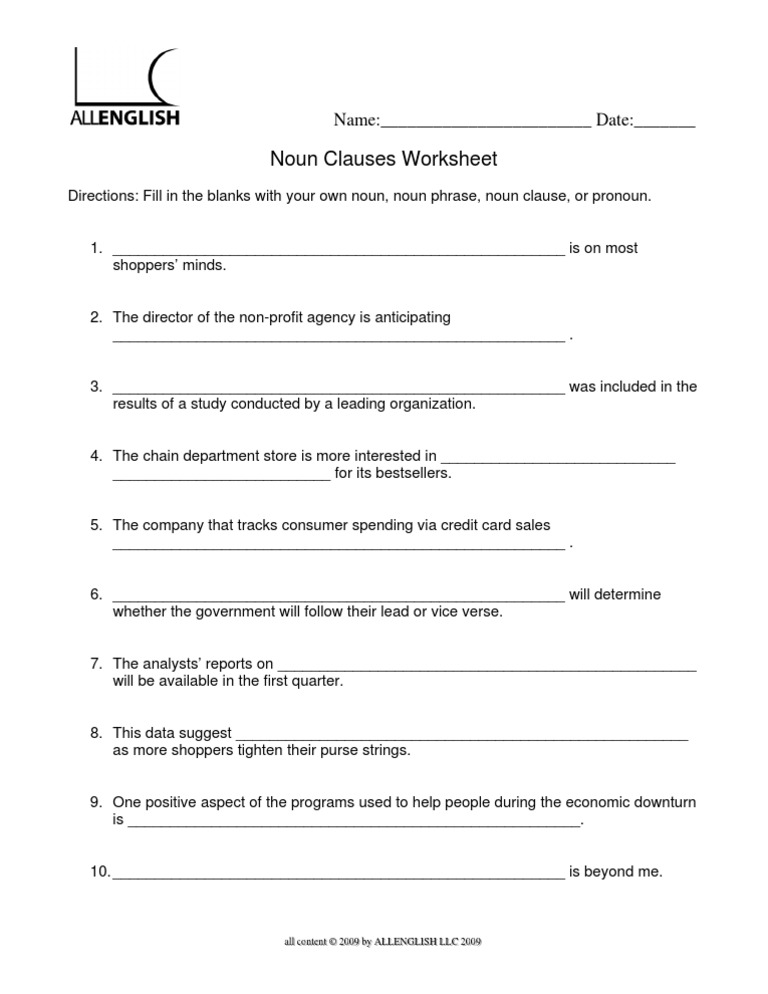 Noun Clauses Worksheet 168 Answers
