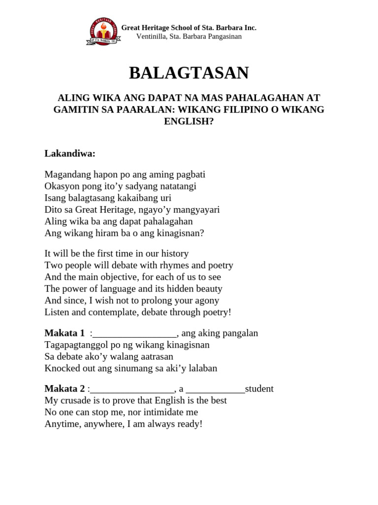 BALAGTASAN | PDF | Linguistics | Philippines