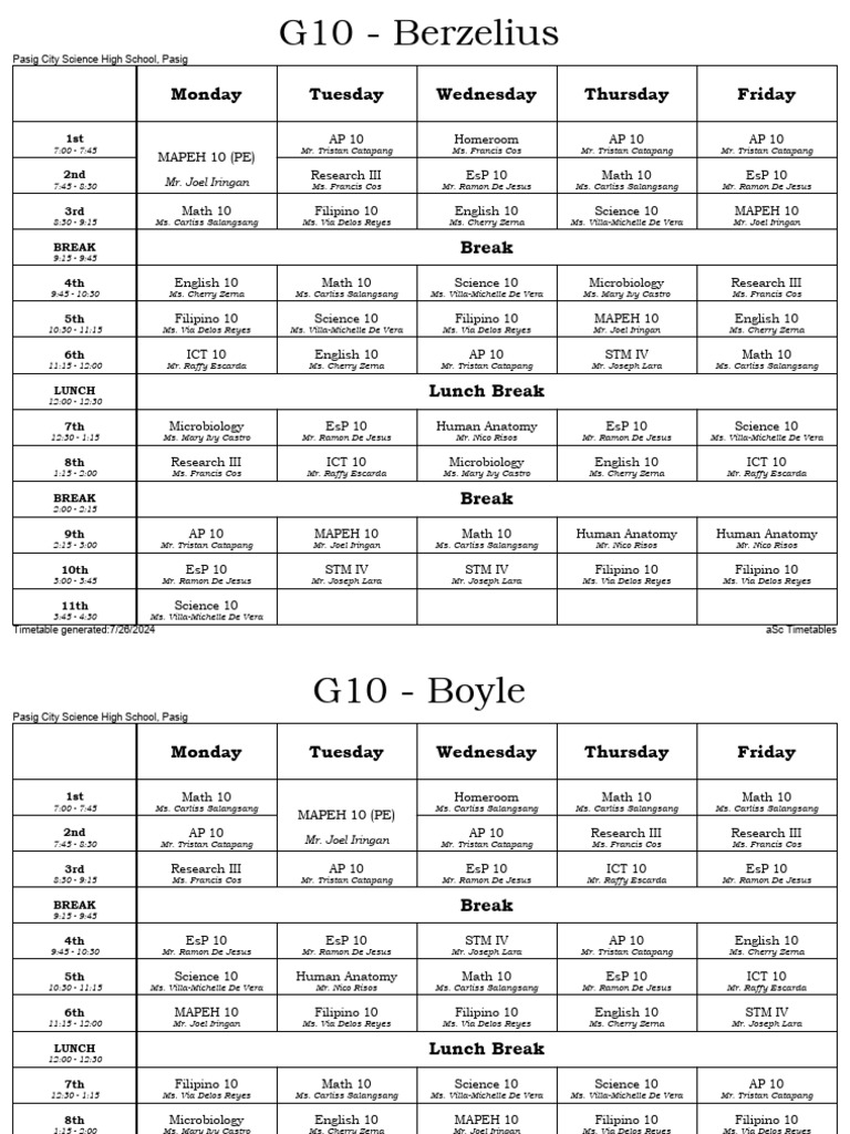 Grade 10 schedule pdf