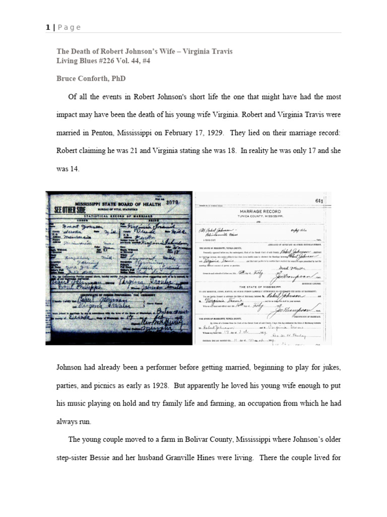 Virginia Travis: Robert Johnson's Wife's Death | PDF