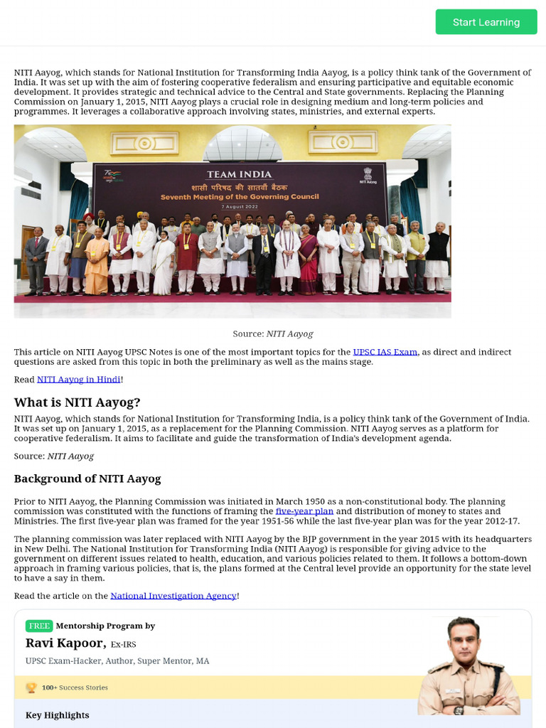 Niti Aayog Upsc Notes Composition Objectives Functions More Pdf