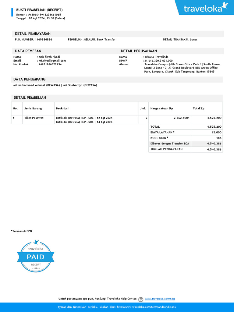 Bukti Pembelian Tiket Pesawat Batik Air | PDF