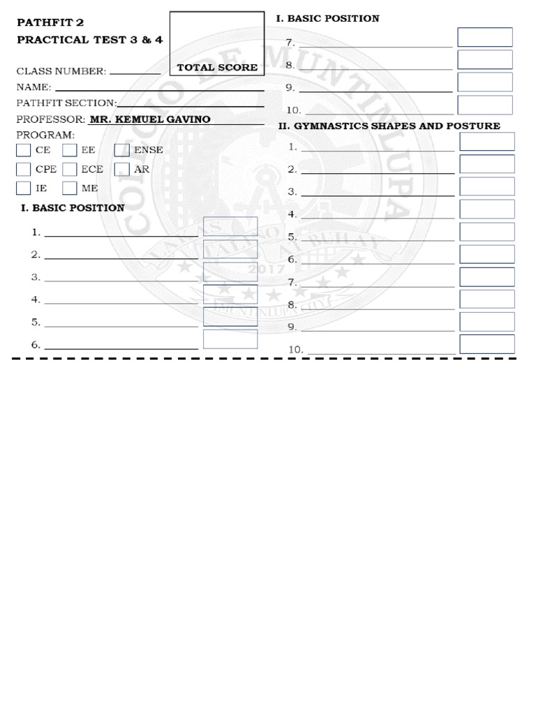 Basic Gymnastic Skills Practical Test Form | PDF