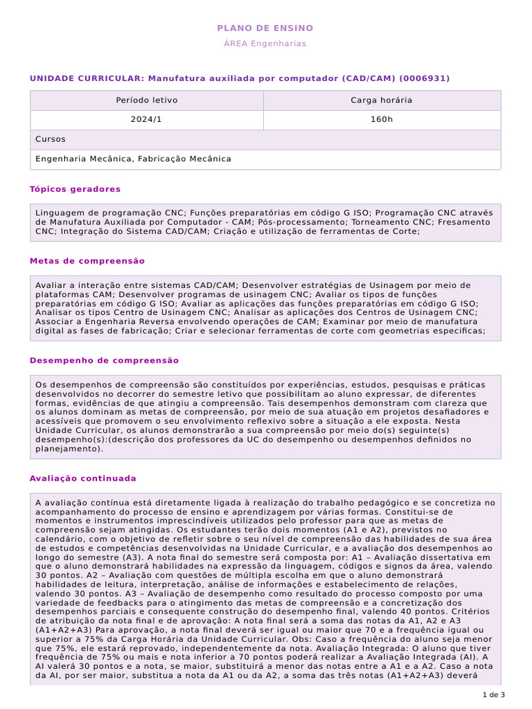 Plano de Ensino: CAD/CAM em Engenharia | PDF | Máquinas | Engenharia