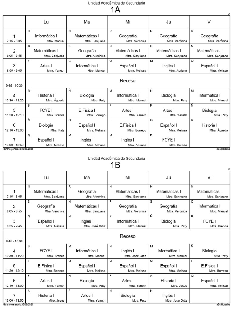 Horario Escolar Secundaria 2024 | PDF | Ciencias Naturales