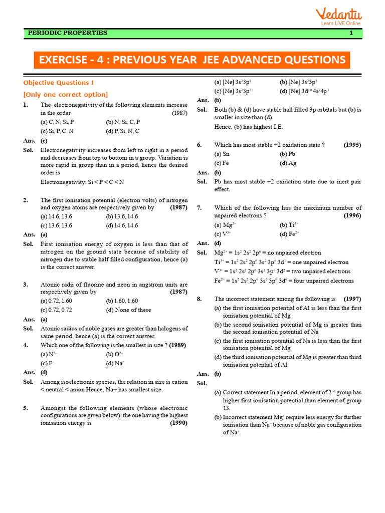 JEE Advanced: Periodic Properties PYQs | PDF | Ionization | Periodic Table