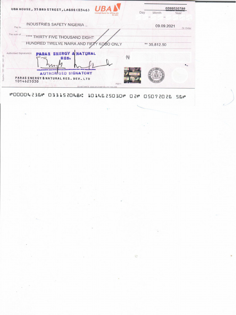 Industries Safety Nigeria Cheque 4236 | PDF