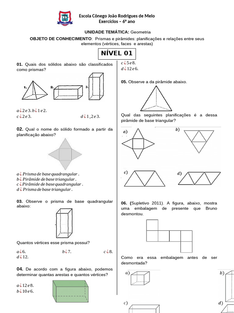 Exercícios sobre Prismas e Pirâmides 6º Ano | PDF | Vértice (Geometria ...