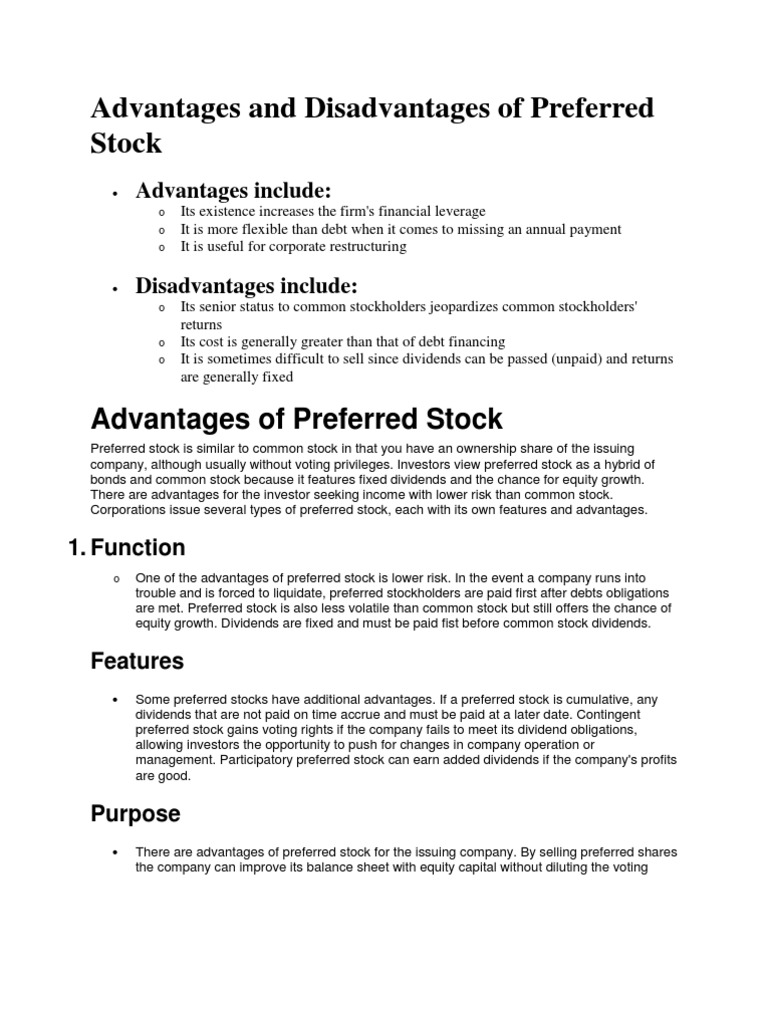 Advantages and Disadvantages of Preferred Stock Preferred Stock Common Stock