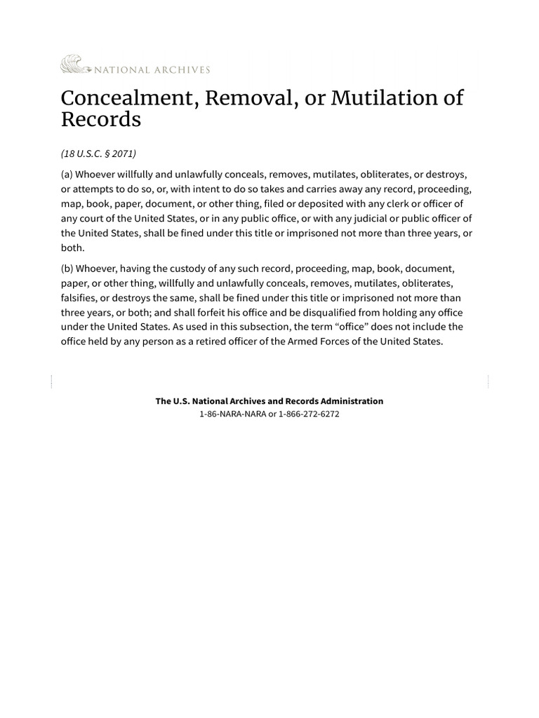 18 USC 2071 Concealment, Removal, or Mutilation of Records - National ...