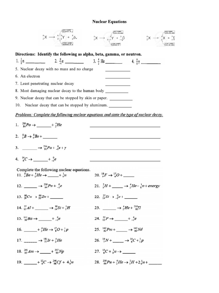 Nuclear Equations Worksheet | PDF
