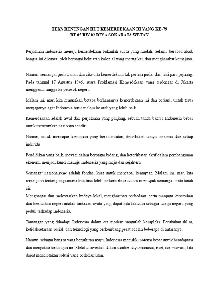 Teks Renungan Hut Kemerdekaan Ri Yang Ke 79 Pdf