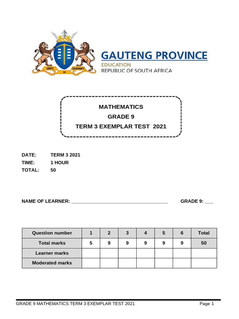 Exemplar Test Term 3 Grade 9 | PDF