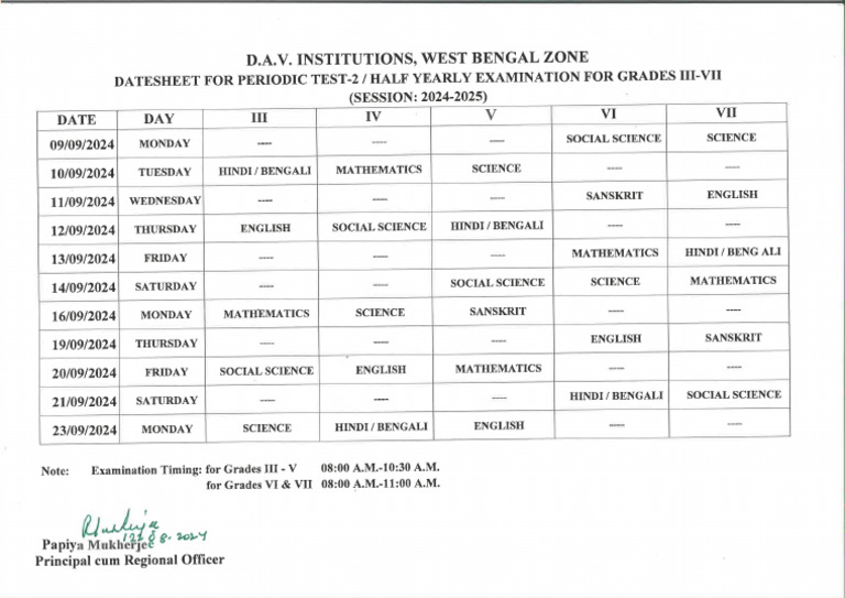 Datesheet Zonal Half Yearly (Iii-Vii) 2024-2025 | PDF