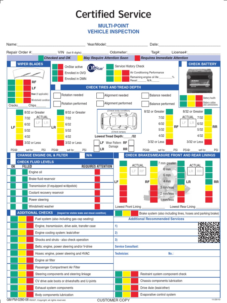 Multi Point Vehicle Inspection Form Tire Steering