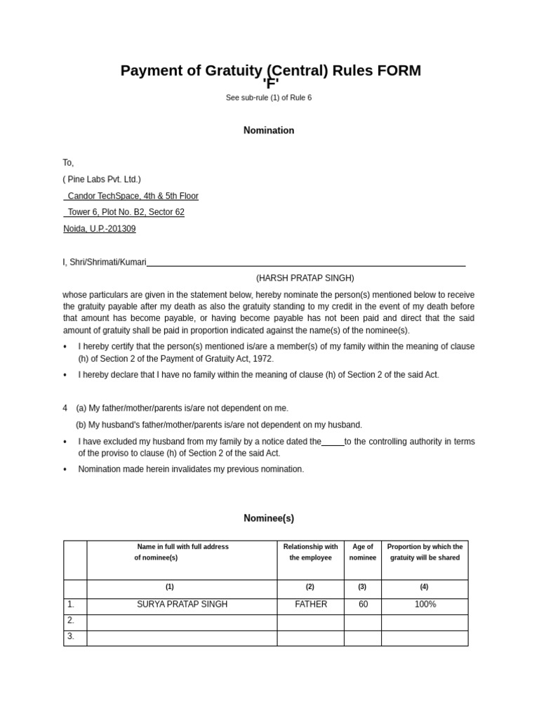 5f6c324a927be - 1600926282 - Form F - Payment of Gratuity | PDF