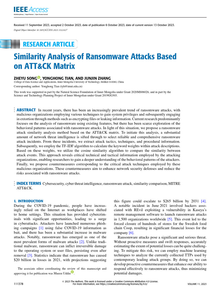 Similarity Analysis of Ransomware Attacks Based On ATTampCK Matrix | PDF