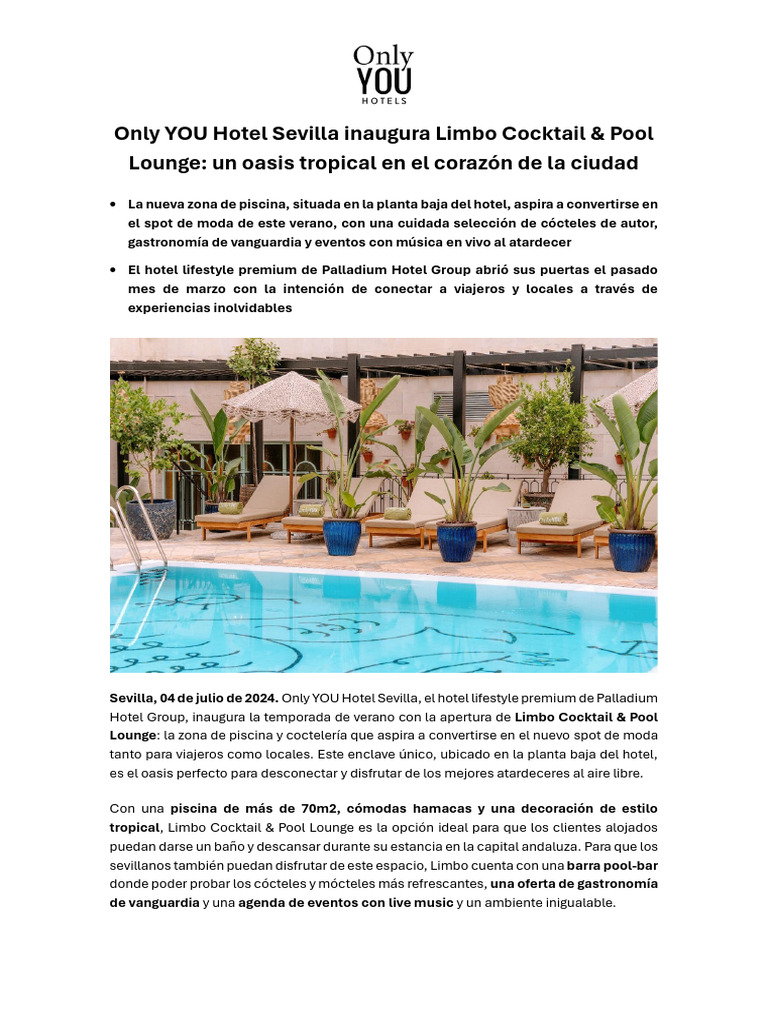 NDP - Only YOU Hotel Sevilla Inaugura Limbo Cocktail & Pool Lounge | PDF