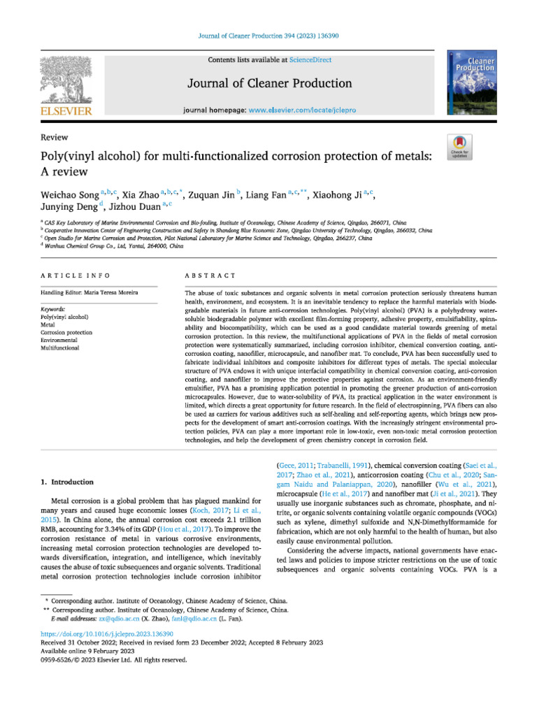 PVA Corrosion Protection of Metals Review | PDF
