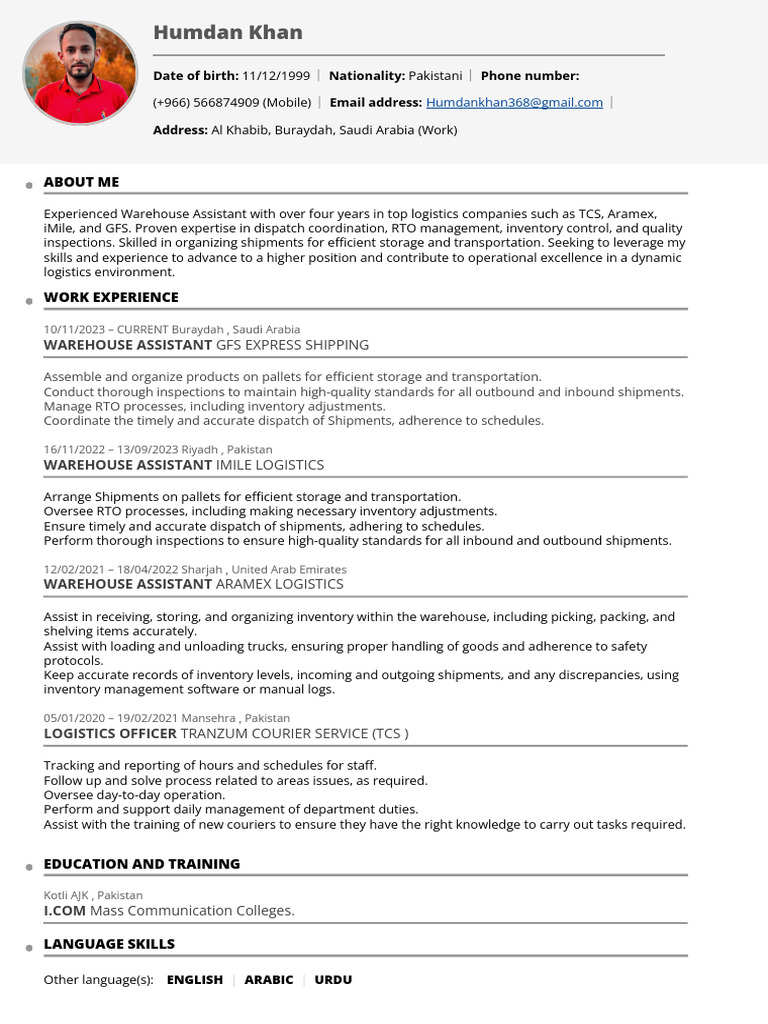 Experienced Warehouse Assistant Profile | PDF | Logistics | Finance ...