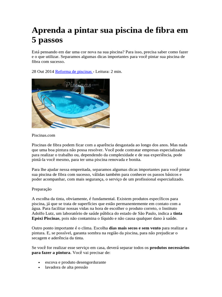 Pintura de Piscina de Fibra em 5 Passos | PDF | Tinta | Piscina
