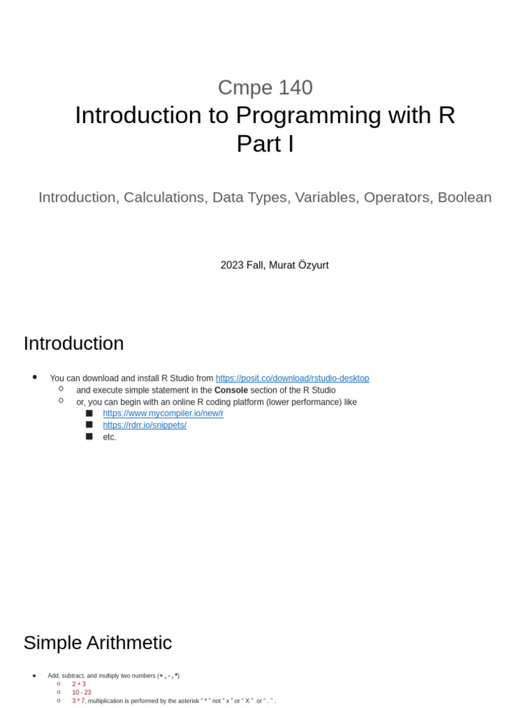 Cmpe140 Introduction To Programming With R Part 1 Operators and ...