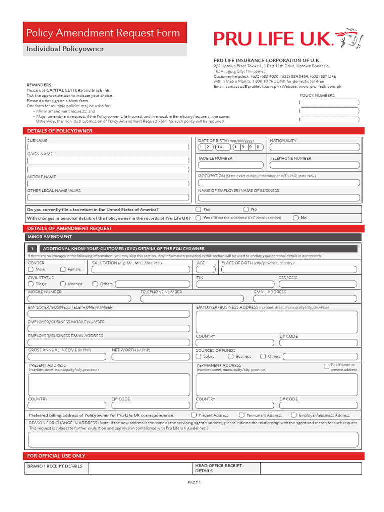 Policy Amendment Request Form (PARF) For Individual Policyowner | PDF