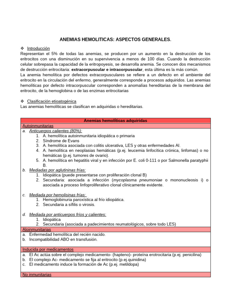 Anemias Hemolíticas: Tipos y Tratamiento | PDF | Anemia | Glóbulo rojo