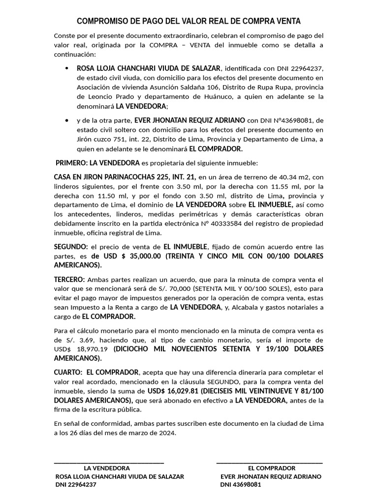 Compromiso Del Valor Real de Compra Venta | PDF | Economias | Finanzas ...
