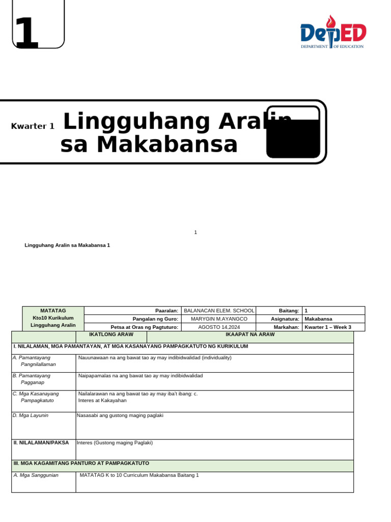 (Revised) - LE - Makabansa 1 - Q1 - Week 3 - D3 | PDF