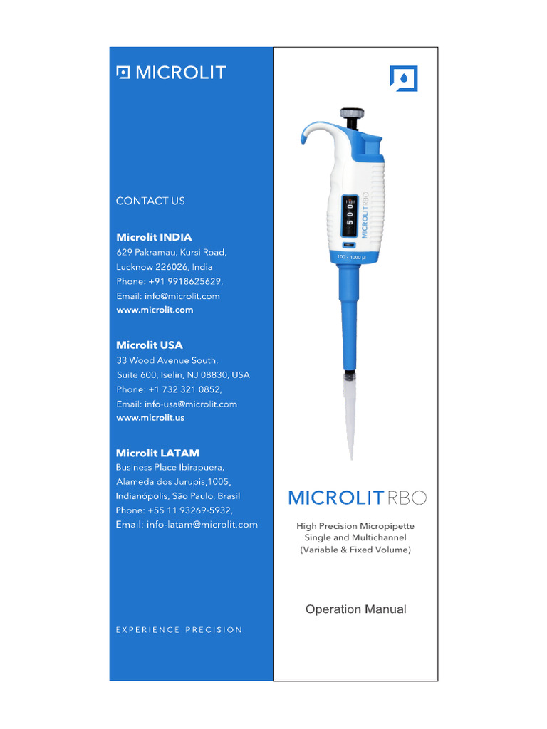 Micropippets 100 1000 L Microlit RBO Product Operation Manual | PDF
