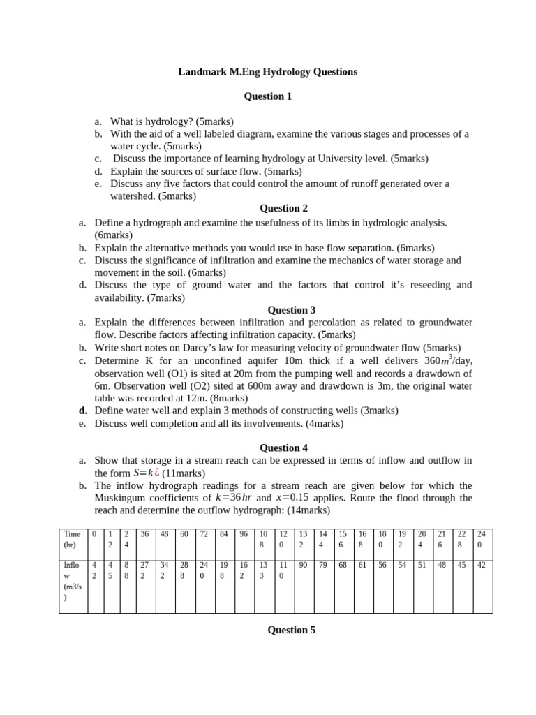 M.Eng Hydrology Exam Questions Guide | PDF | Hydrology | Science ...