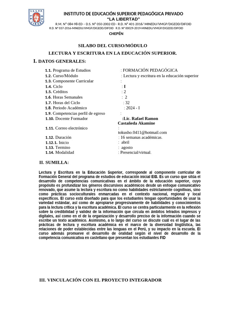 SILABO Lectura y Escritura en La Educación Superior 24 I Sílabo | PDF