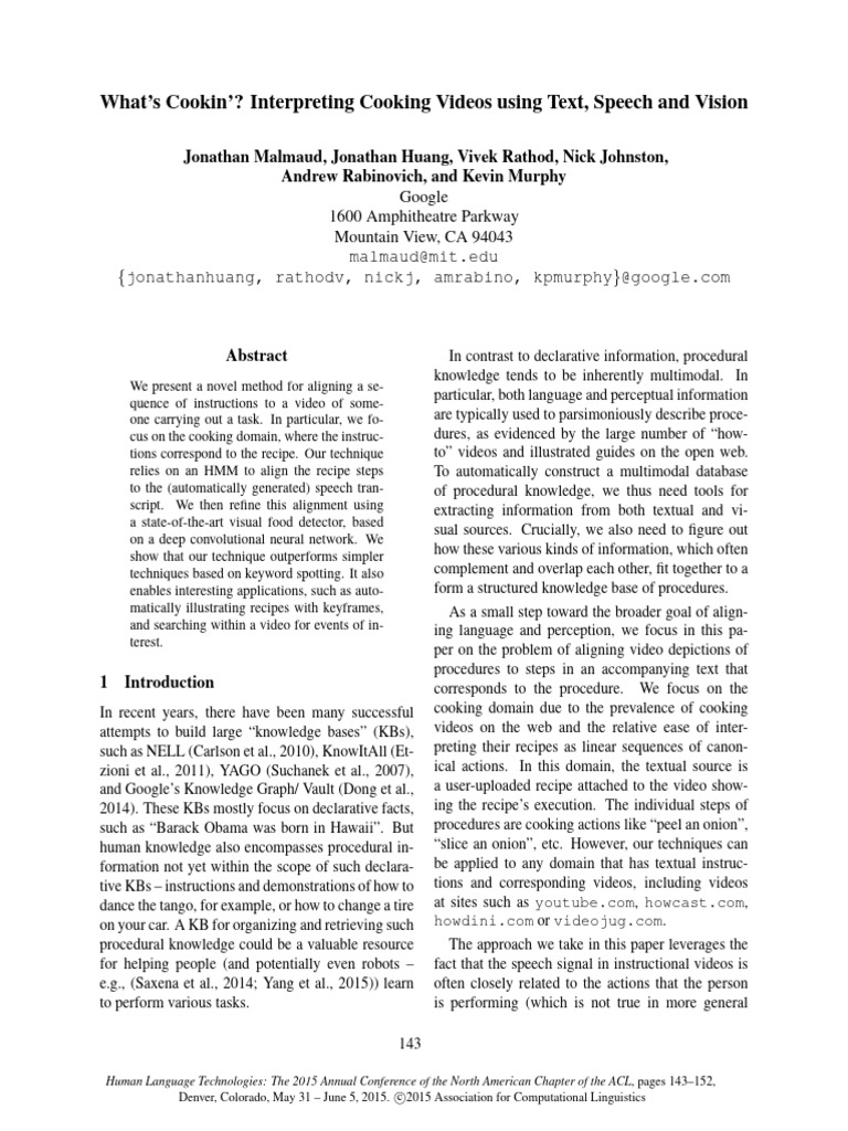 What's Cookin'? Interpreting Cooking Videos Using Text, Speech and ...