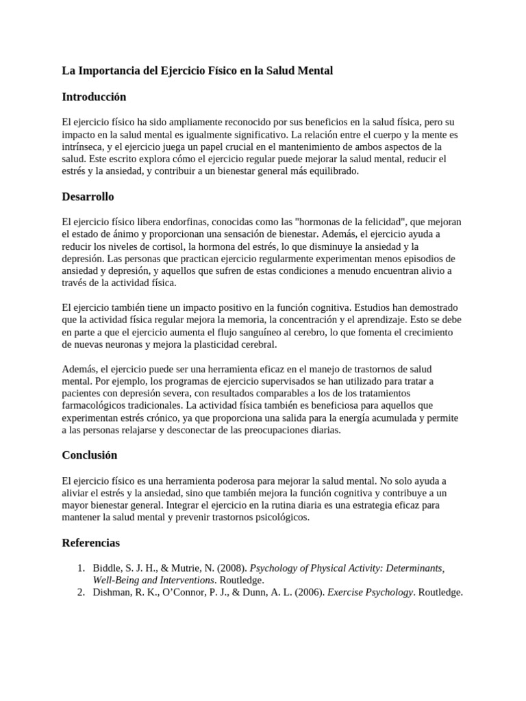 La Importancia Del Ejercicio Físico en La Salud Mental | PDF ...
