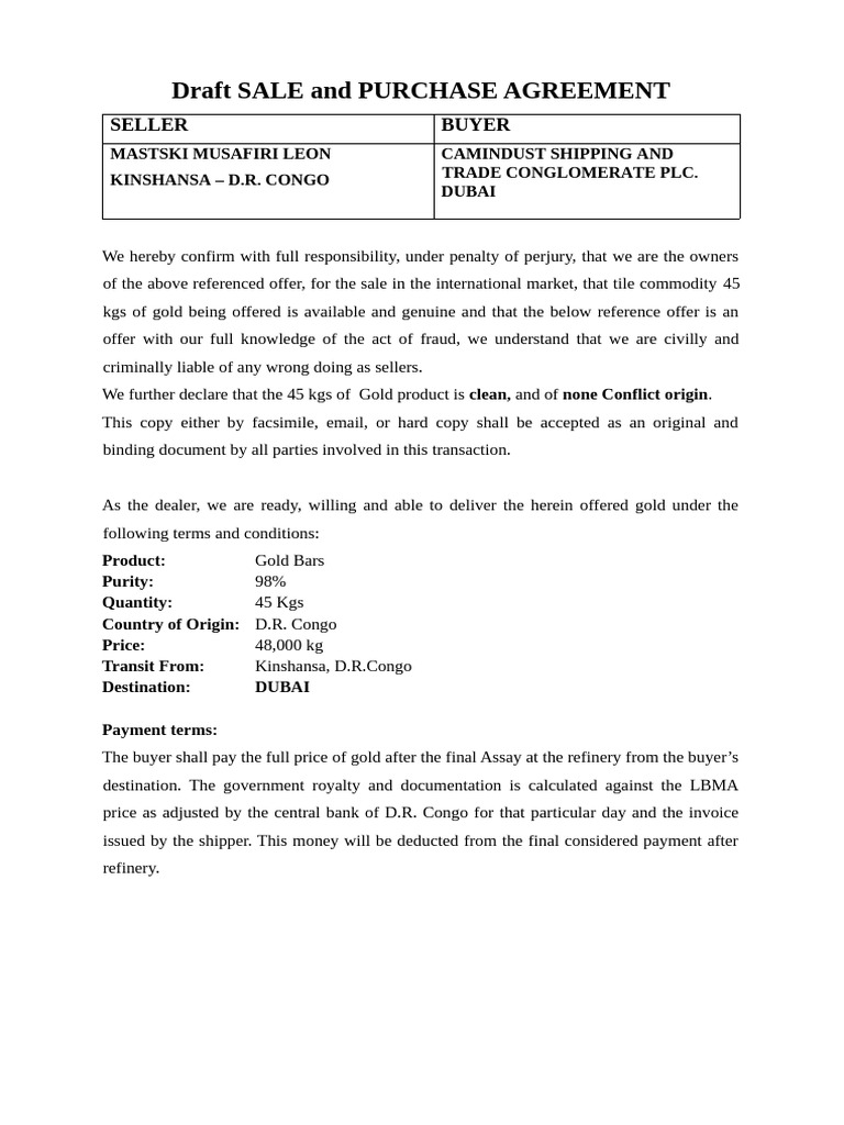 Gold Sale and Purchase Agreement | PDF | Receipt | Payments