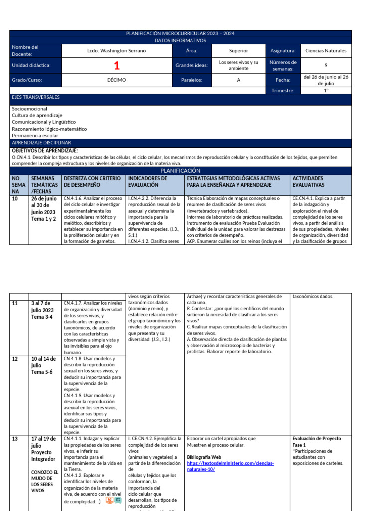 10mo - CCNN Planificación 9 Semanas 2023 | PDF | Aprendizaje | Evaluación