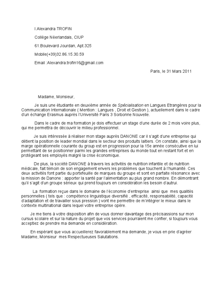 Lettre De Motivation Danone Pdf