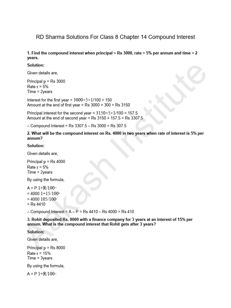 RD Sharma Solutions For Class 8 Chapter 14 Compound Interest | PDF ...