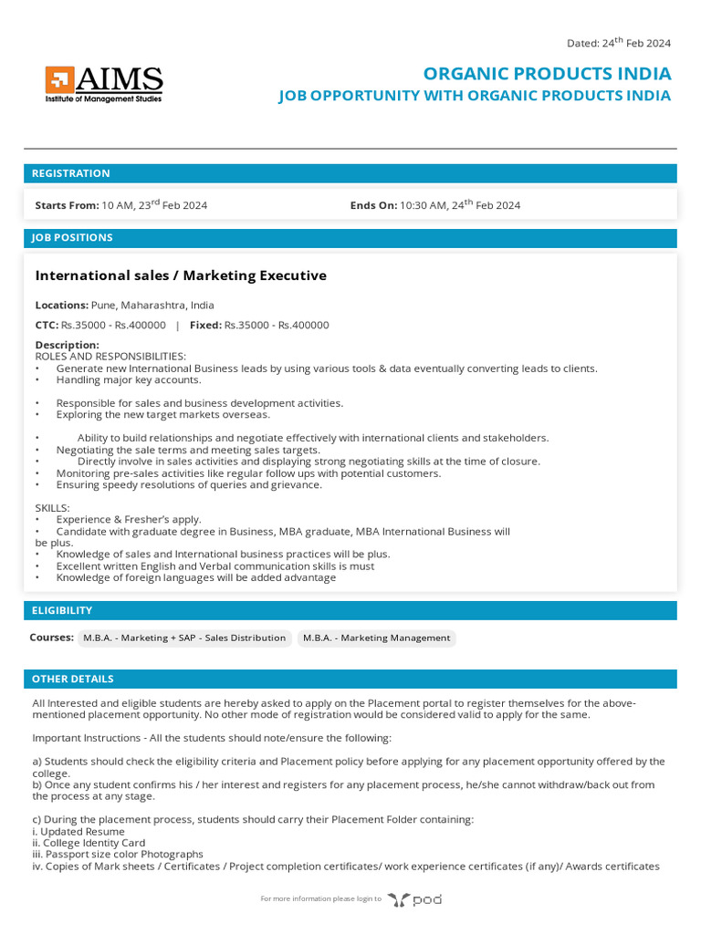 Job Opportunity: International Sales Executive | PDF | Master Of ...