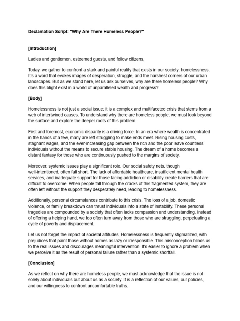 Declamation Script - Why Are There Homeless People | PDF