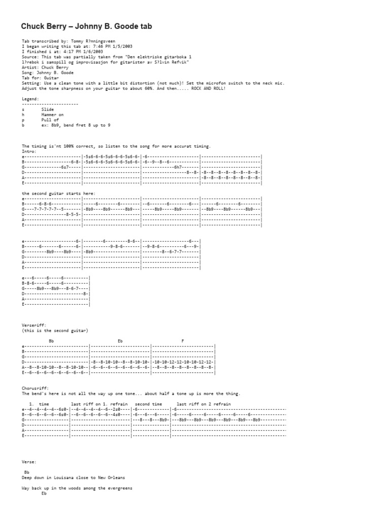 Johnny B. Goode Tab With Lyrics by Chuck Berry For Guitar at Guitaretab ...