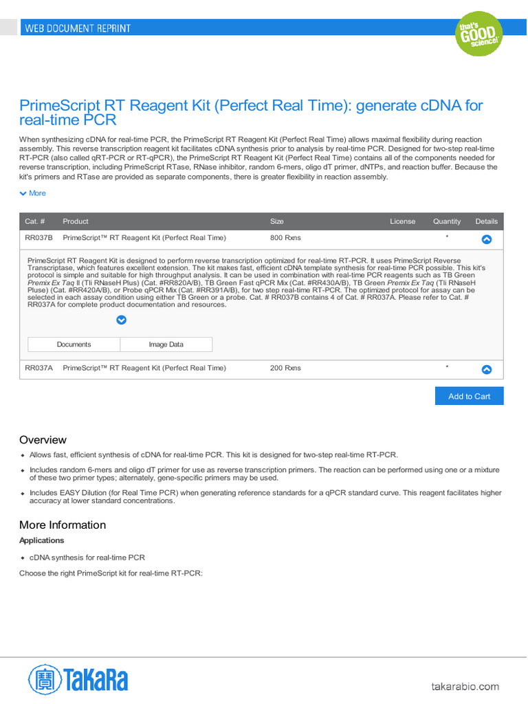 PrimeScript RT Reagent Kit Perfect Real Time Generate cDNA For Real ...